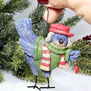Vtg Resin Bluebird Blue Bird Blue Jay Holding Heart Christmas Tree Ornament 3"